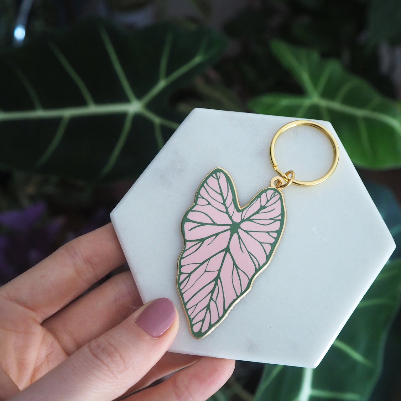 Caladium Keychain - Pink Plant Keyring