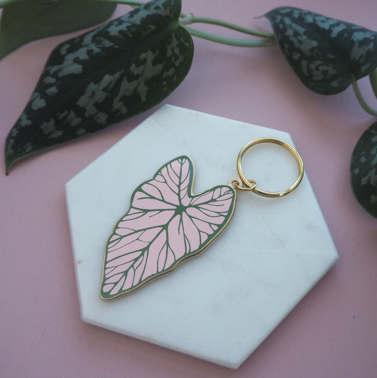 Caladium Keychain - Pink Plant Keyring