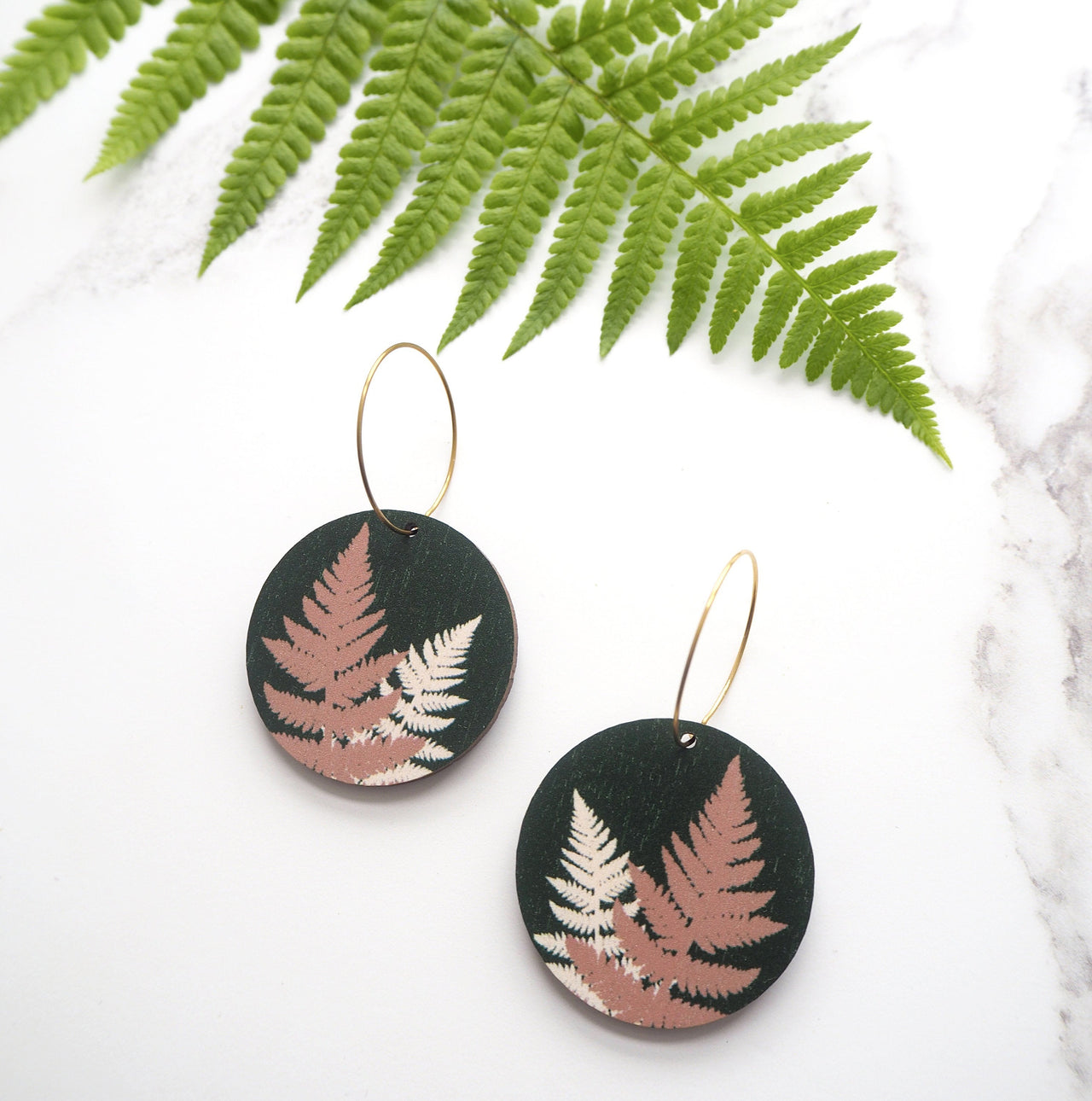 Green Fern Hoop Earrings