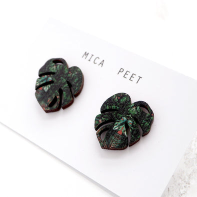 Green Monstera Leaf Studs