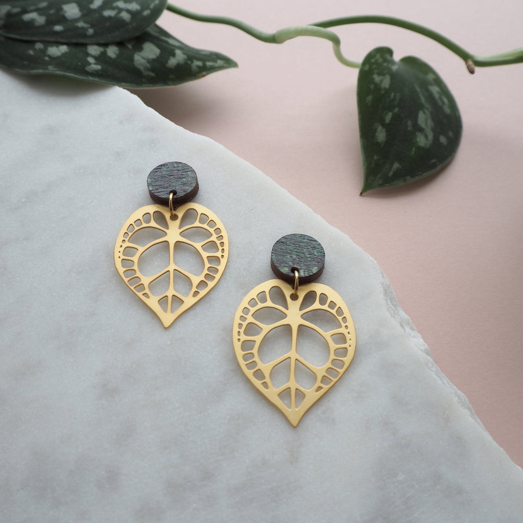 Statement Gold Anthurium Plant Drop Earrings