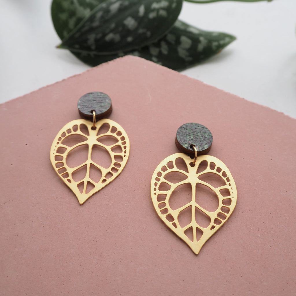 Statement Gold Anthurium Plant Drop Earrings