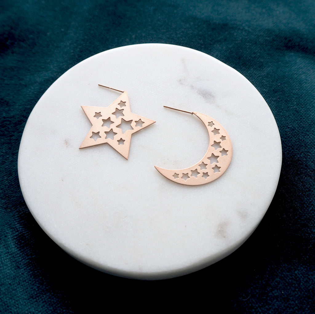 Rose Gold Moon & Star Stud Earrings