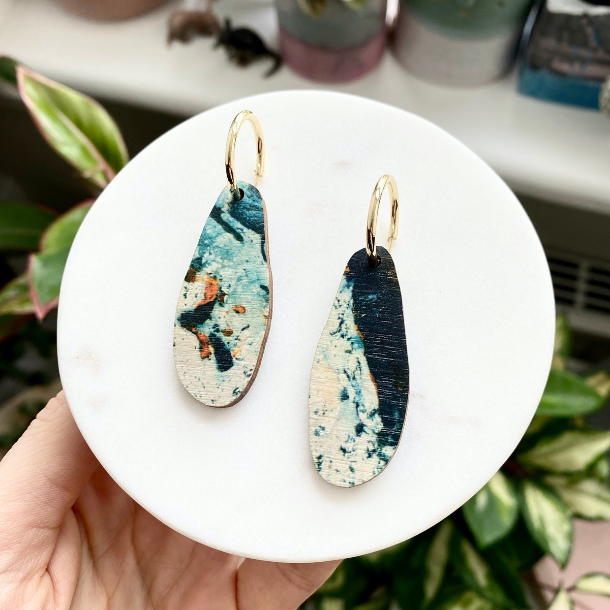 Organic Wavy Hoop Earrings - Teal & Orange Marble Hoops