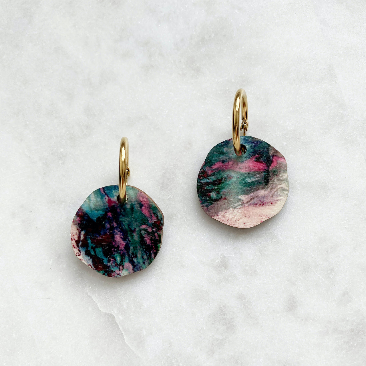 Irregular Disc Hoop Earrings - Pink & Teal