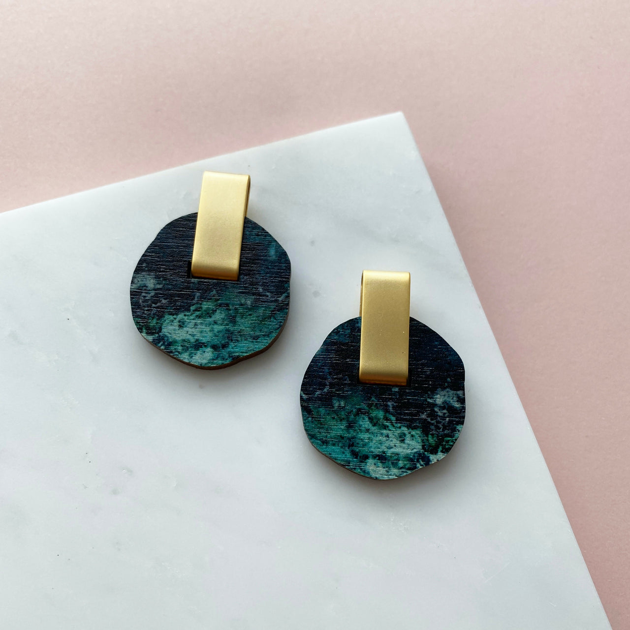 Teal & Gold Circle Stud Earrings