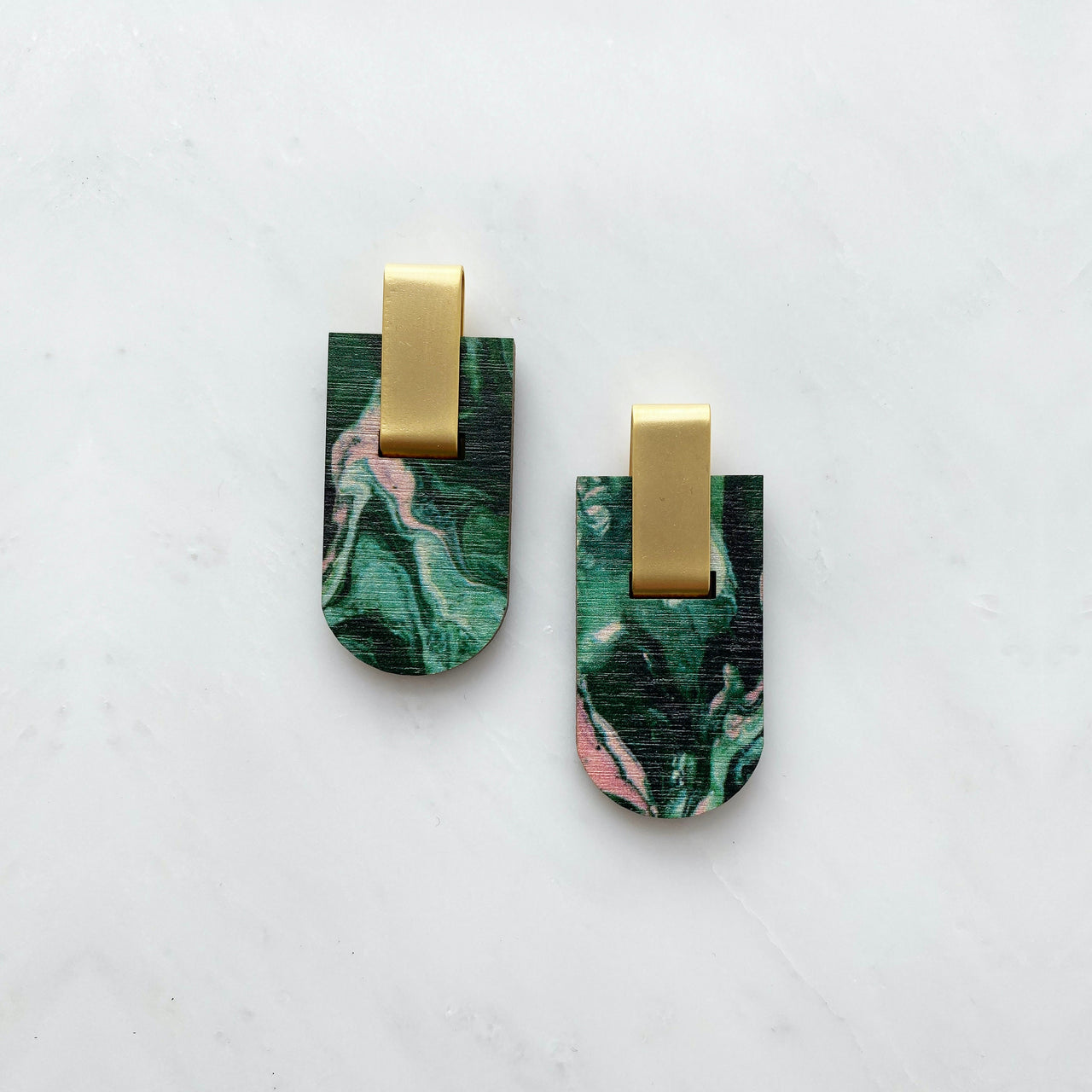 Geometric Arc Stud Earrings - Green & Pink Marble Stud Earrings