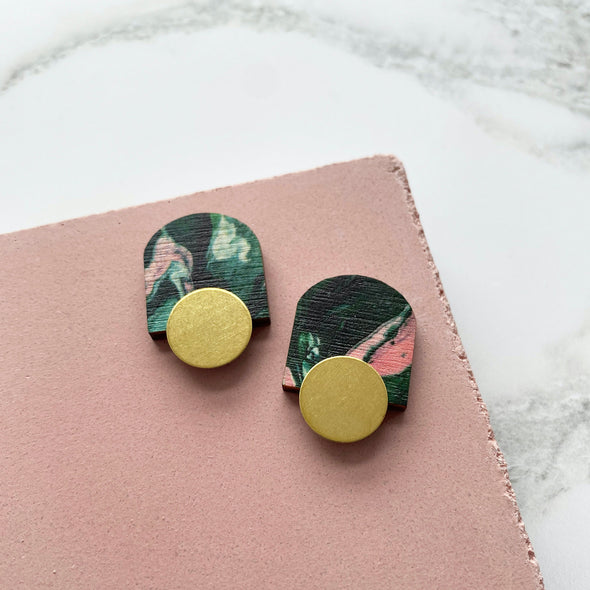 Mini Arch Stud Earrings - Green & Pink Marble