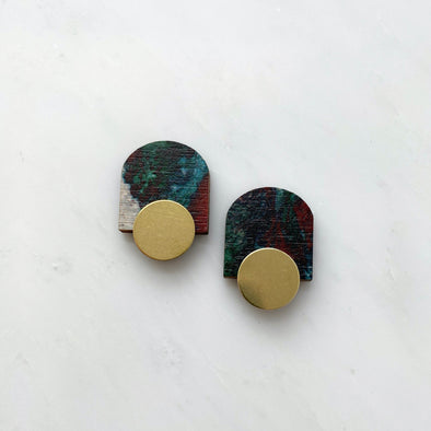 Geometric Arch Stud Earrings - Red & Green Marble