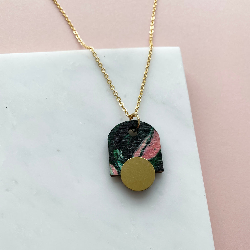 Geometric Arch Pendant - Green & Pink Marble Necklace