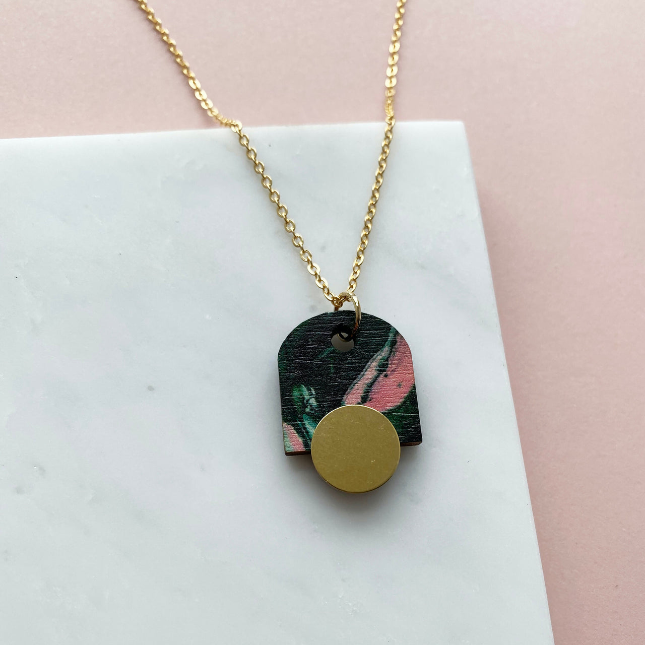 Geometric Arch Pendant - Green & Pink Marble Necklace