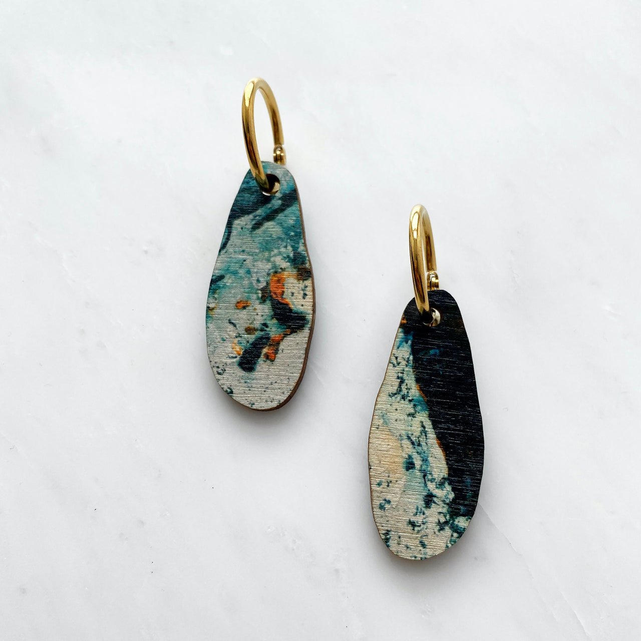 Organic Wavy Hoop Earrings - Teal & Orange Marble Hoops