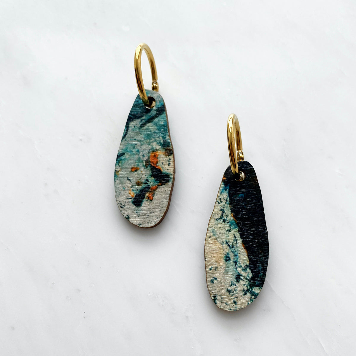 Organic Wavy Hoop Earrings - Teal & Orange Marble Hoops