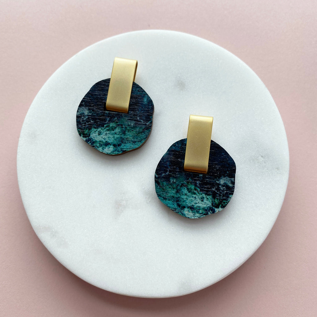 Teal & Gold Circle Stud Earrings