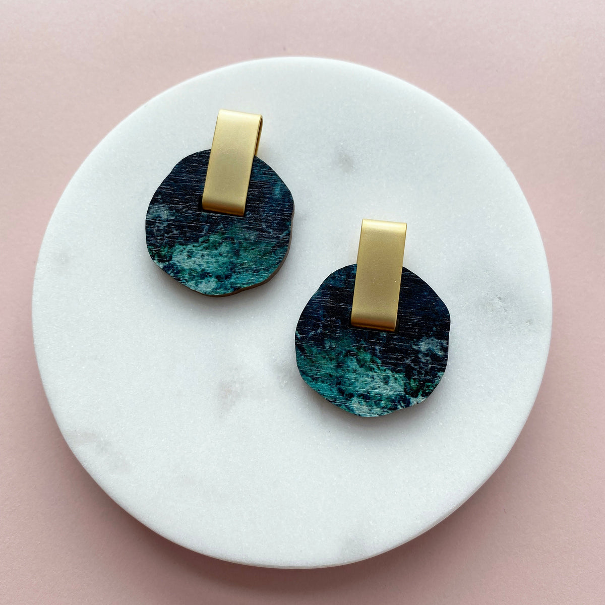 Teal & Gold Circle Stud Earrings