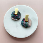 Pink Marble & Gold Circle Stud Earrings