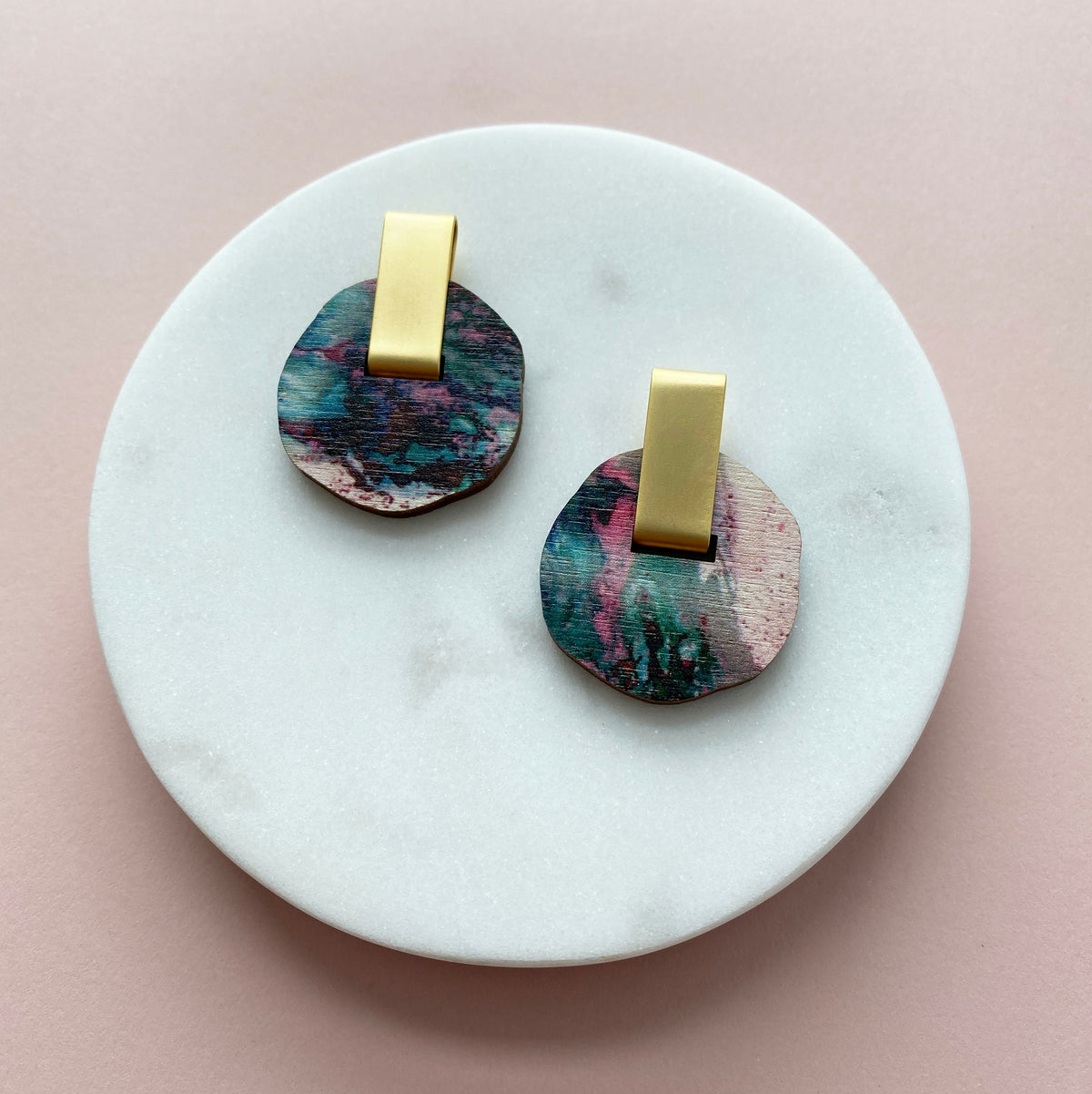Pink Marble & Gold Circle Stud Earrings