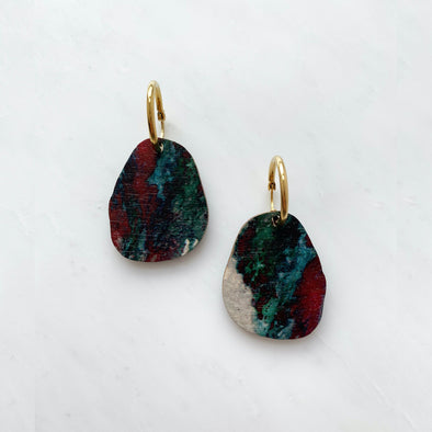 Geometric Pebble Hoop Earrings - Dark Red & Green Marble