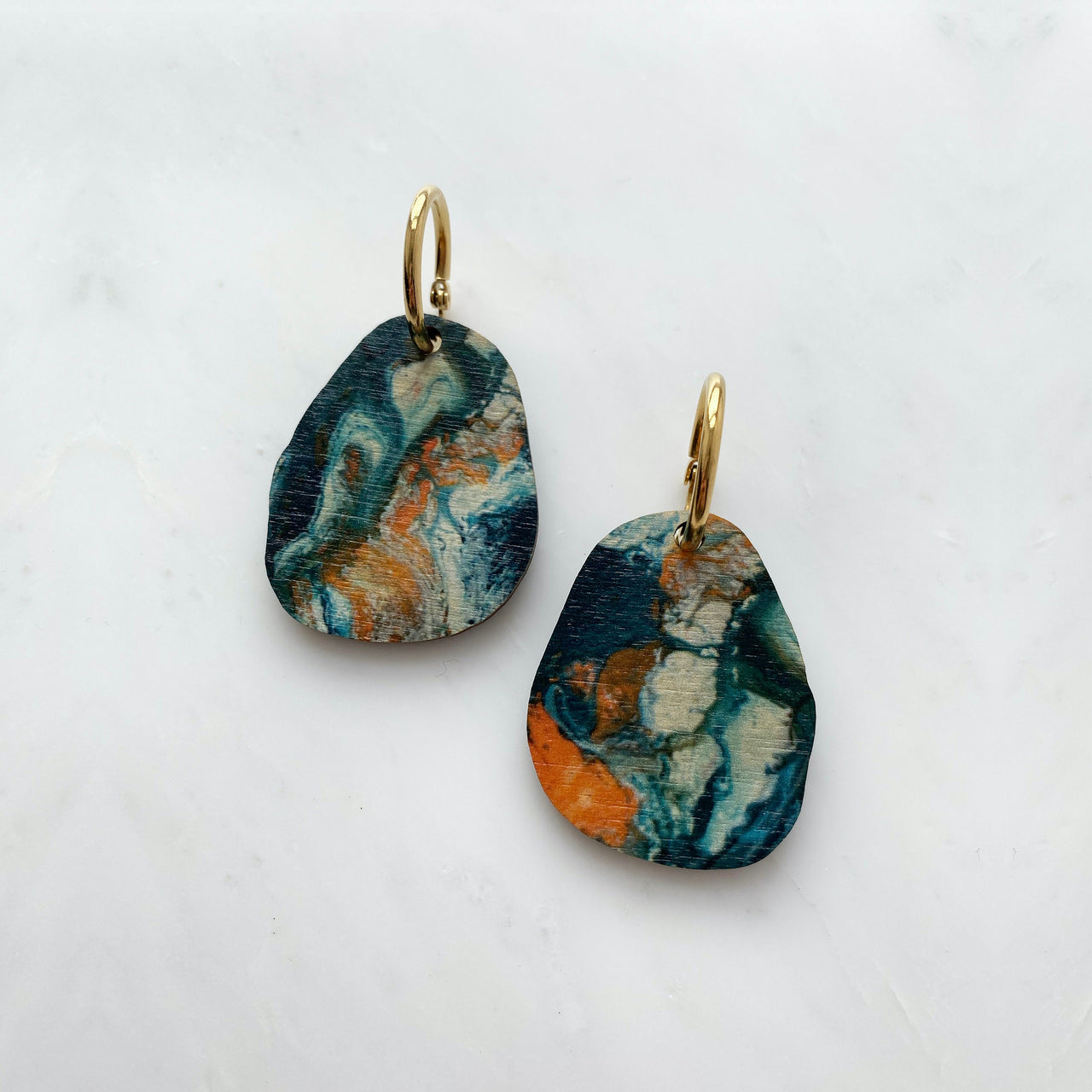 Abstract Pebble Hoop Earrings - Orange & Teal