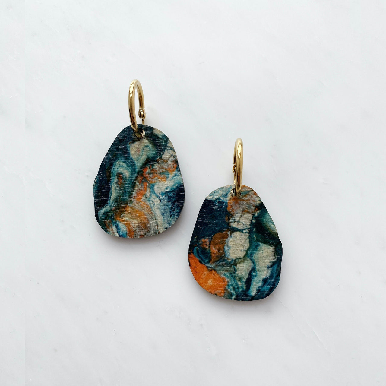 Abstract Pebble Hoop Earrings - Orange & Teal