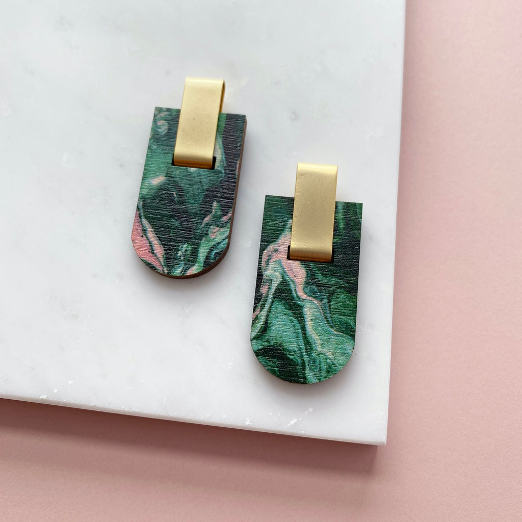 Geometric Arc Stud Earrings - Green & Pink Marble Stud Earrings
