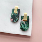 Geometric Arc Stud Earrings - Green & Pink Marble Stud Earrings