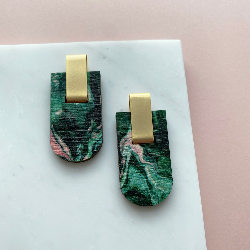 Geometric Arc Stud Earrings - Green & Pink Marble Stud Earrings
