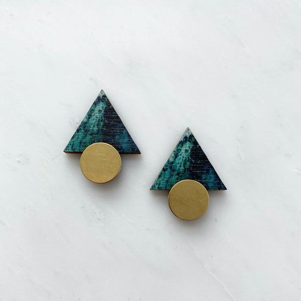 Teal Triangle Stud Earrings - Marble & Brass Geometric Studs