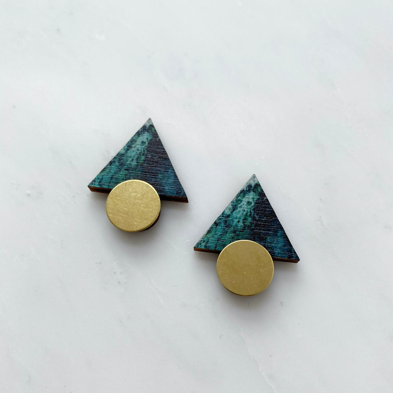 Teal Triangle Stud Earrings - Marble & Brass Geometric Studs