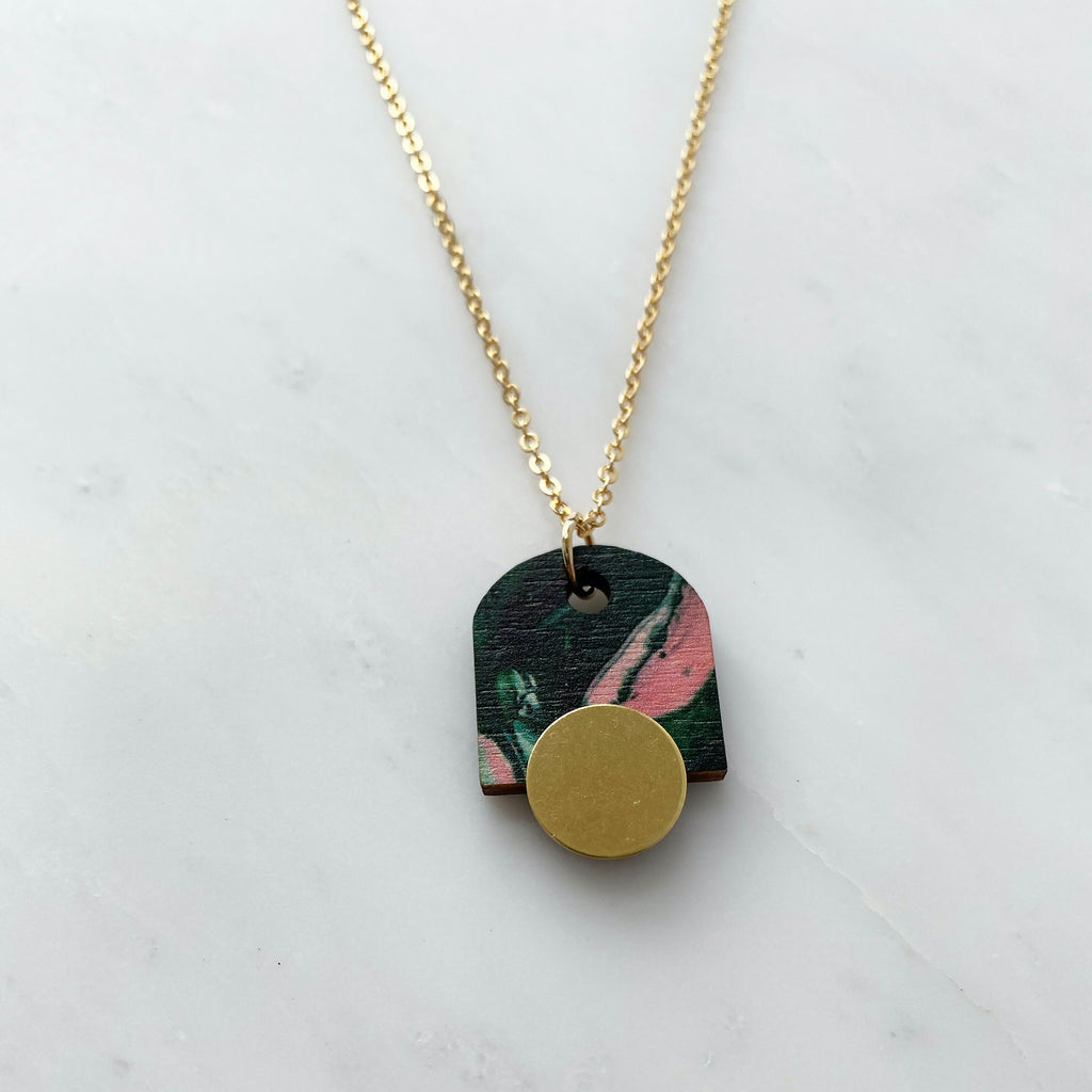 Geometric Arch Pendant - Green & Pink Marble Necklace