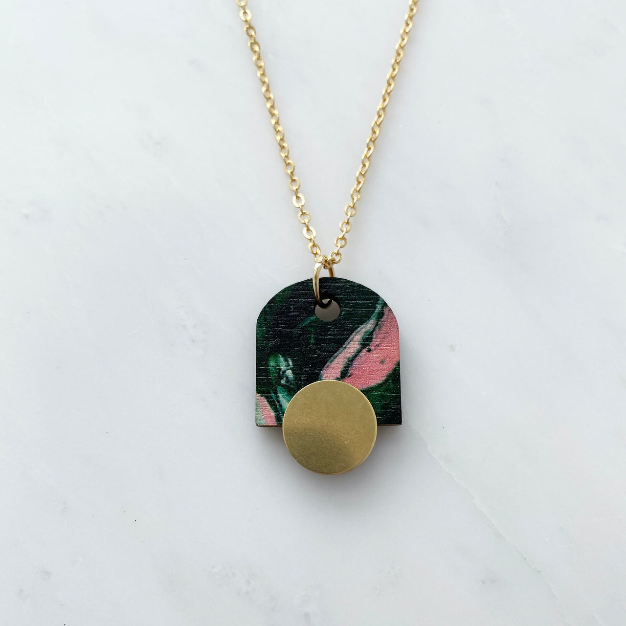 Geometric Arch Pendant - Green & Pink Marble Necklace