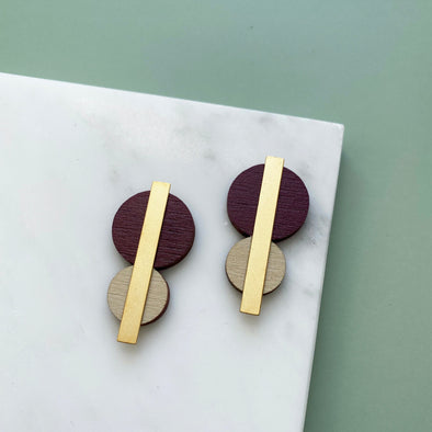 Purple, Cream & Gold Circle Studs - Statement Geometric Stud Earrings