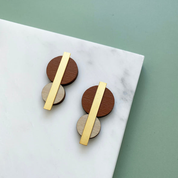 Statement Circle Stud Earrings - Burnt Orange, Cream & Gold Geometric Studs