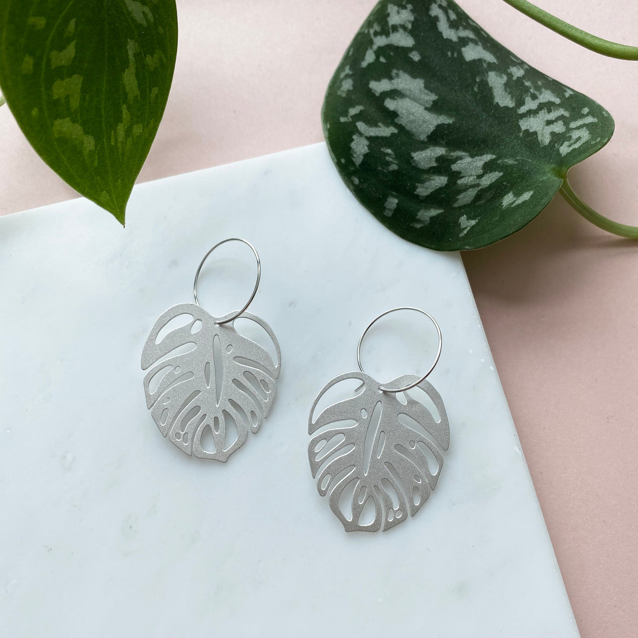 Silver Monstera Leaf Hoop Earrings