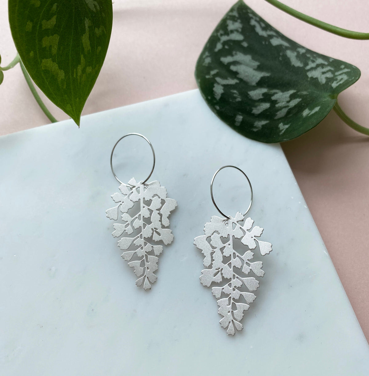 Silver Maidenhair Fern Hoop Earrings