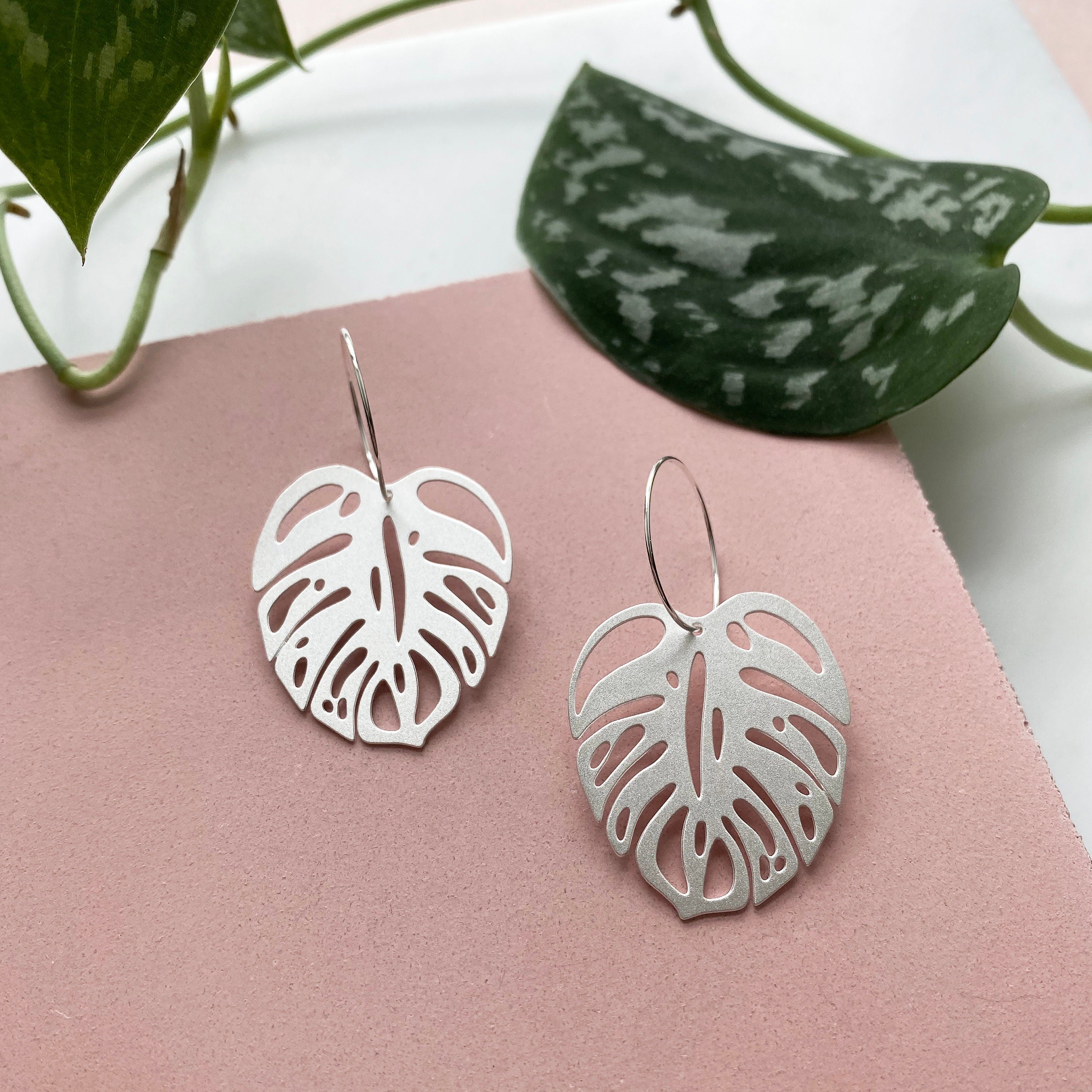 Monstera Plant Potted Plant Earrings Silver Monstera Leaf Hoop