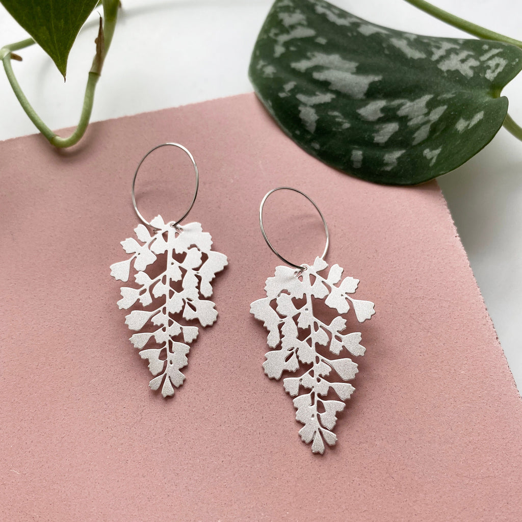 Silver Maidenhair Fern Hoop Earrings
