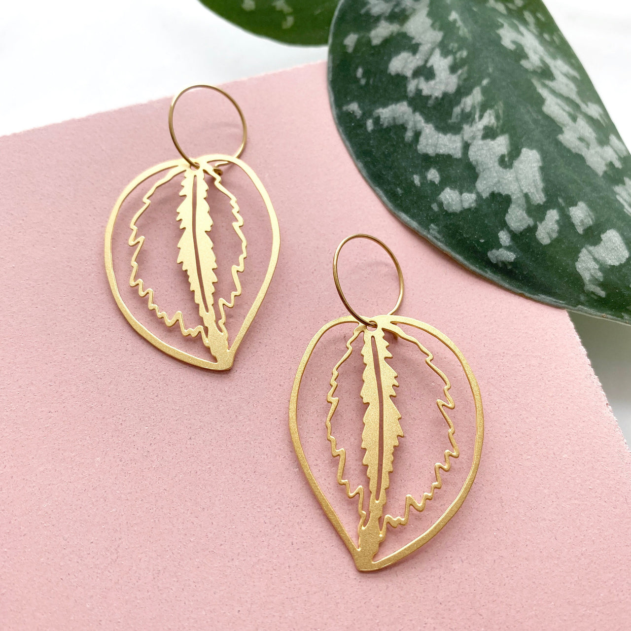 Gold Calathea Leaf Hoop Earrings