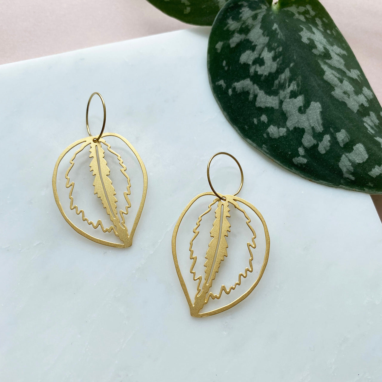 Gold Calathea Leaf Hoop Earrings