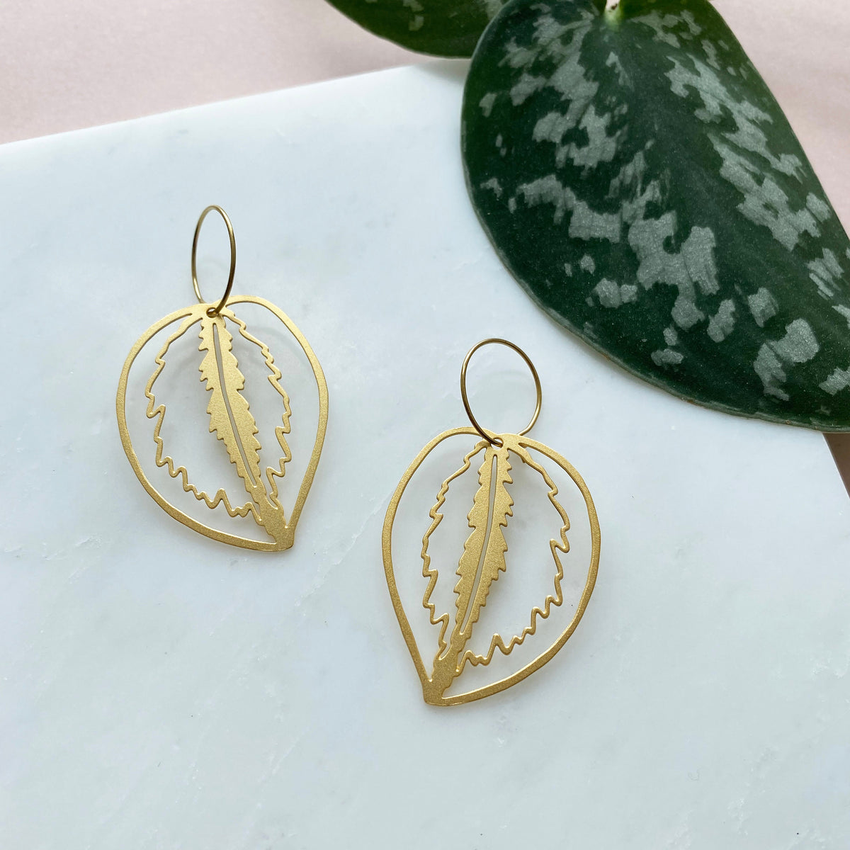 Gold Calathea Leaf Hoop Earrings