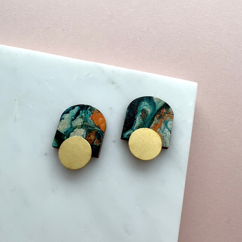 Geometric Arc Stud Earrings - Orange & Teal Marble Arch Stud Earrings