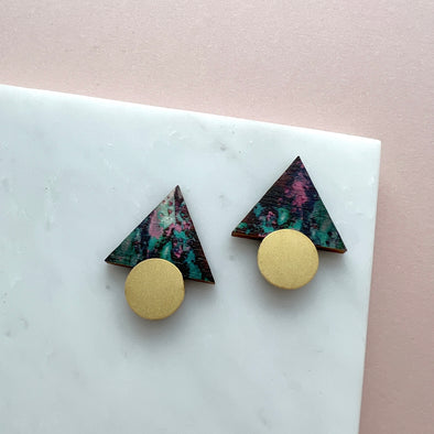 Triangle Stud Earrings - Dark Pink Marble & Gold Geometric Studs