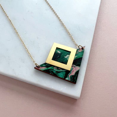 Green, Pink & Gold Geometric Triangle Necklace
