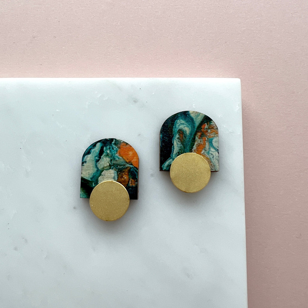 Geometric Arc Stud Earrings - Orange & Teal Marble Arch Stud Earrings