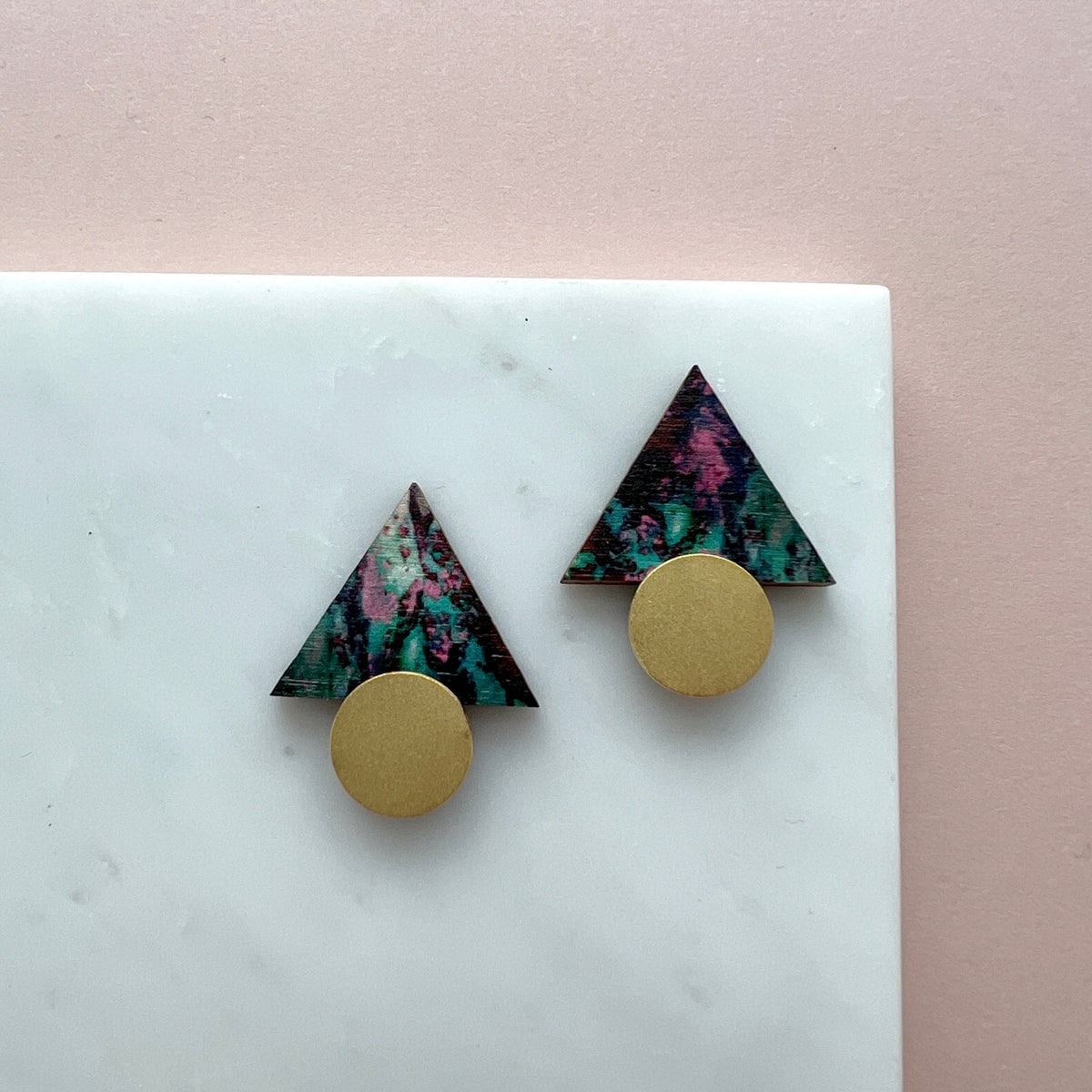 Triangle Stud Earrings - Dark Pink Marble & Gold Geometric Studs