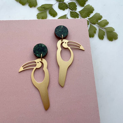 Gold Toucan Statement Drop Earrings