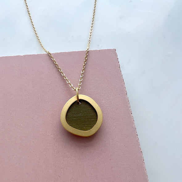 Gold & Olive Green Geometric Circle Necklace