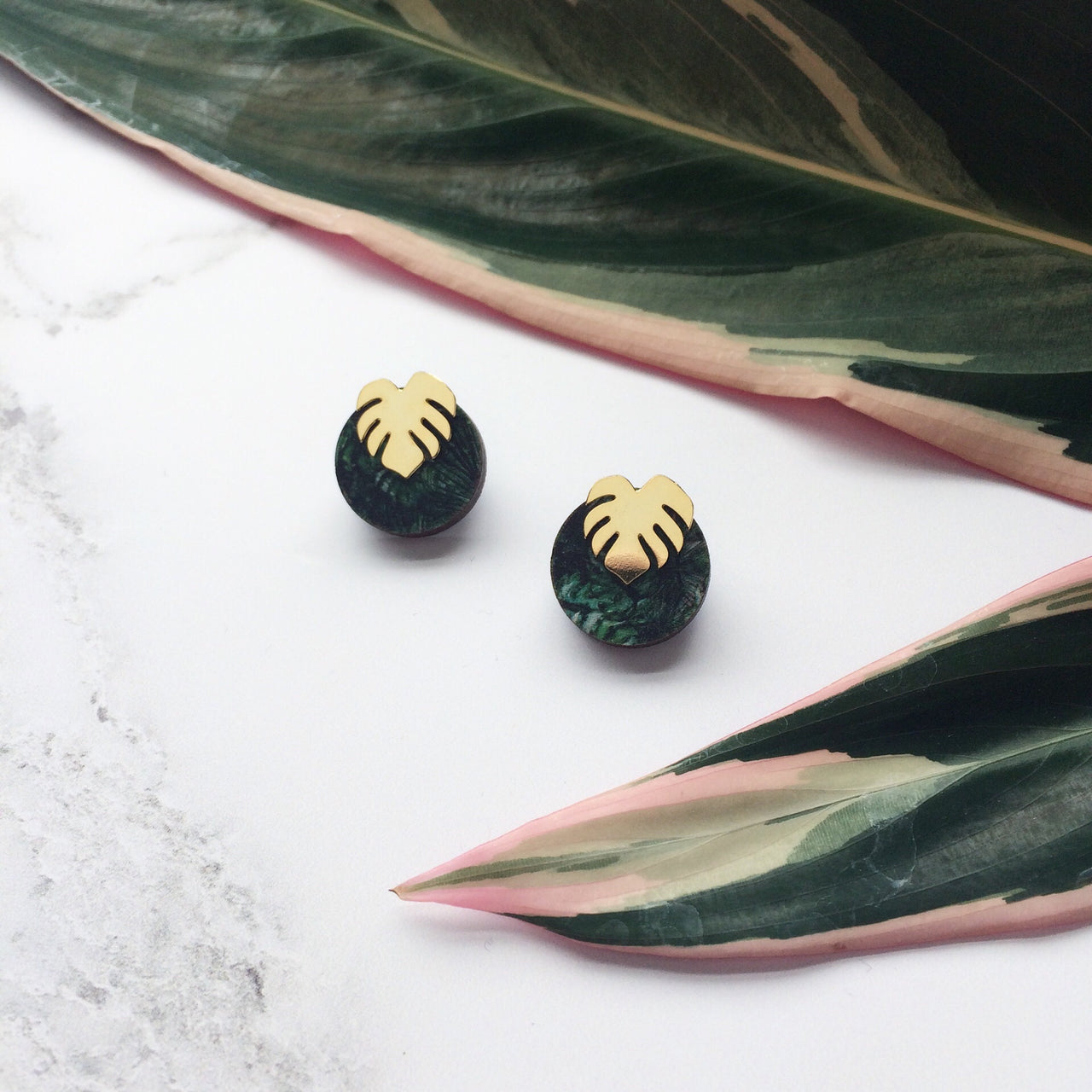 Green & Gold Monstera Stud Earrings