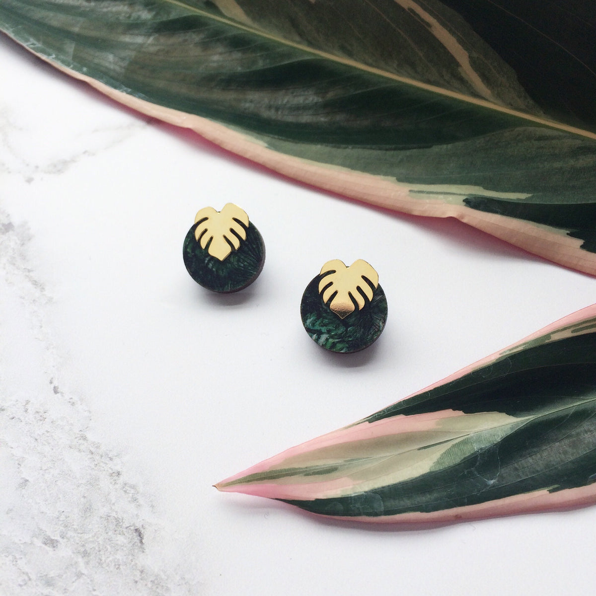 Green & Gold Monstera Stud Earrings