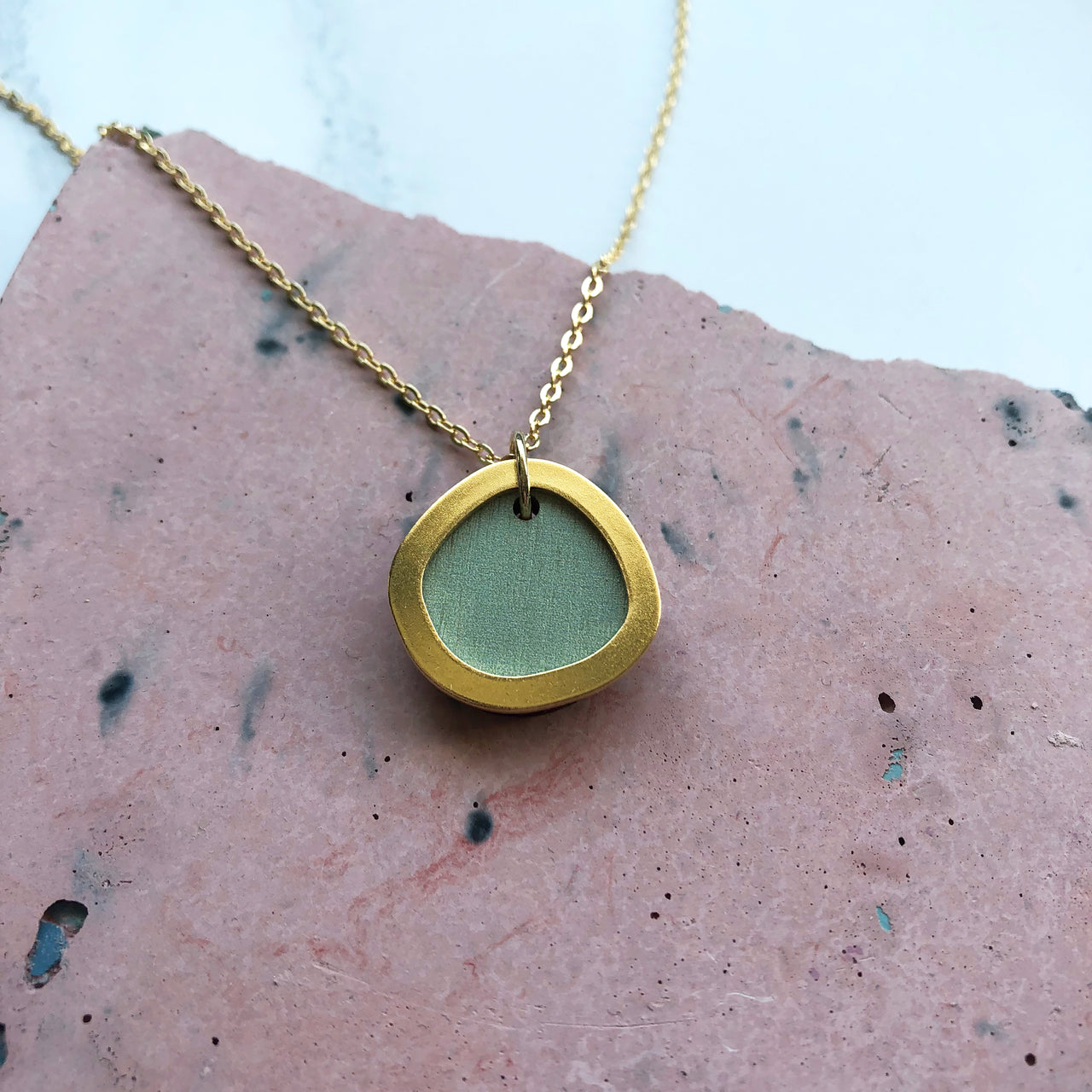 Mint & Gold Circle Pendant - Minimalist Geometric Necklace